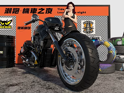 Custom Motorcycle Night Event With Woman Model Orange Wall Checkered Background And Tires 3d model