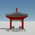 Ancient Chinese Pavilion With Red Pillars Gray Tiled Roof And Stone Benches