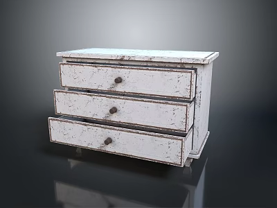 Vintage White Distressed Chest of Drawers With Three Wooden Drawers and Round Knobs 3d model