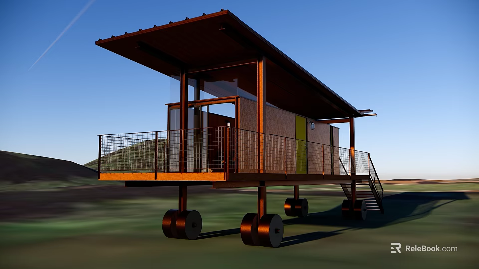 Modern Detached Villa With Metal Structure Glass Walls And Balcony On Wheels 3d model 