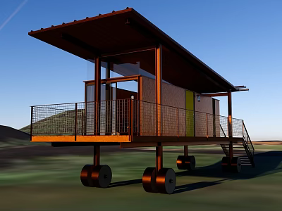 Modern Detached Villa With Metal Structure Glass Walls And Balcony On Wheels 3d model