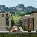 Traditional Modern Boutique Hotel Building With Mountain Backdrop Stone Walls And Large Windows