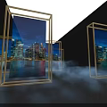 Modern Exhibition Entrance Design With Golden Frames City Night View And Smoke Effect