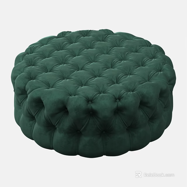 Elegant Dark Green Plush Velvet Round Sofa Stool With Tufted Buttons 3d model 