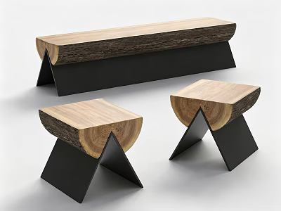 Modern Minimalist Wooden Stools and Bench with Natural Wood Tops and Black Metal Geometric Frames 3d model