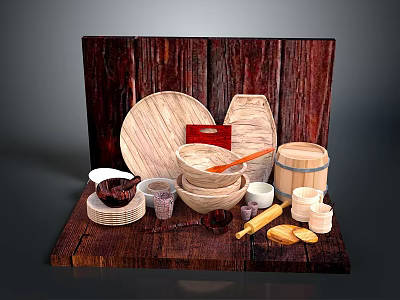 Natural Wooden Household Items With Plates Bowls Barrel Cups Rolling Pin And Bread Slices 3d model