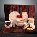 Natural Wooden Household Items With Plates Bowls Barrel Cups Rolling Pin And Bread Slices