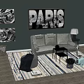 Three Seater Sofa In Living Room With Dark Green Wall Paris Print And Stripe Rug