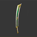 Ornate Curved Blade Weapon With Green And Gold Decorative Design Details