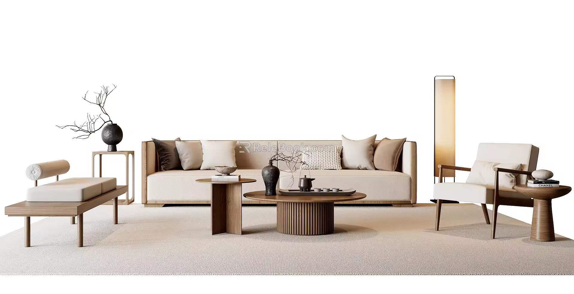 New Chinese Style Song Style Sofa Coffee Table Combination New Chinese Style Sofa Coffee Table Side Table Leisure Chair Sofa Stool Floor Lamp Dried Flower New Chinese Style Ornaments 3d model