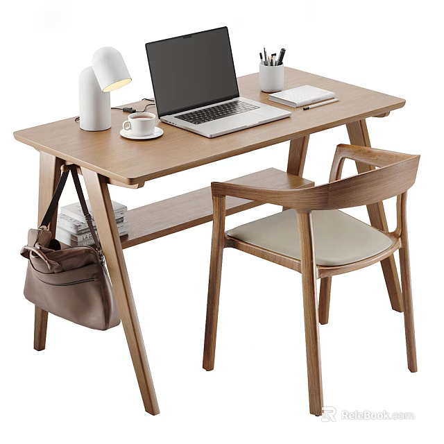 Modern Wooden Desk with Laptop Lamp Notebook Cup and Chair Beige Cushion Books Brown Bag 3d model 