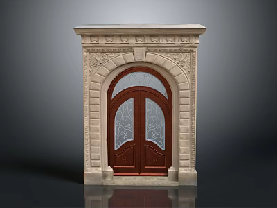 Classical Wooden Entry Door With Arched Stone Frame And Carved Glass Panels 3d model
