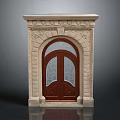 Classical Wooden Entry Door With Arched Stone Frame And Carved Glass Panels