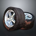 Worn Car Tires With Silver Alloy Wheels And Tread Patterns 3d model