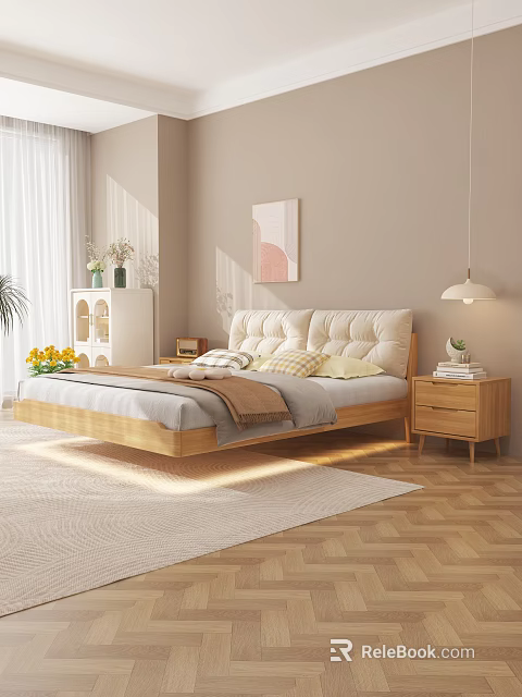 Cozy Double Bed with Padded Headboard in Modern Bedroom Natural Light Wooden Floor and Rug 3d model 