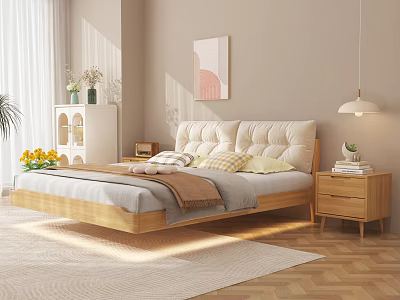 Cozy Double Bed with Padded Headboard in Modern Bedroom Natural Light Wooden Floor and Rug 3d model