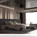 Elegant Modern Bedroom Interior With Dark Leather Headboard Crystal Chandelier And Round Nightstand