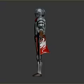 Medieval Armored Figure With Silver Armor Red Accents Shield And Sword