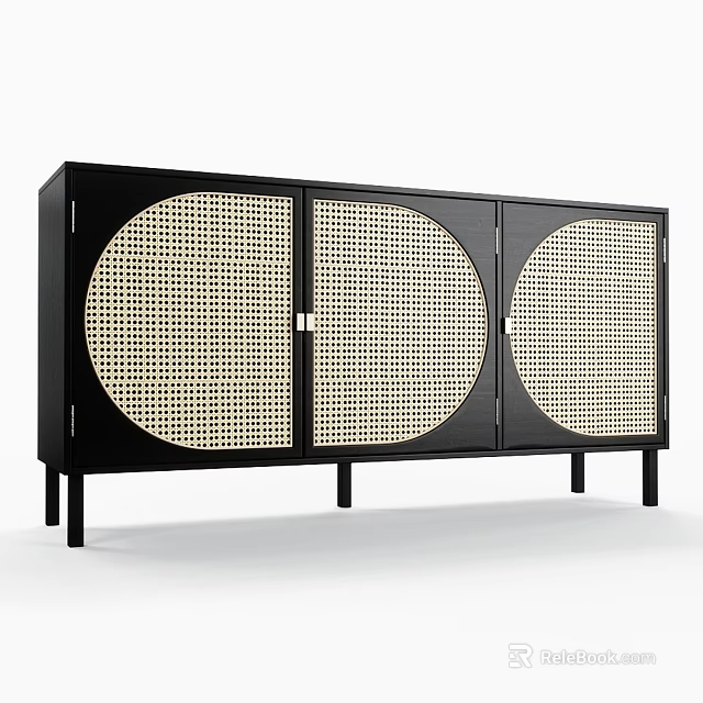 Modern Black Storage Cabinet Featuring Round Woven Door Panels And Three Sections 3d model