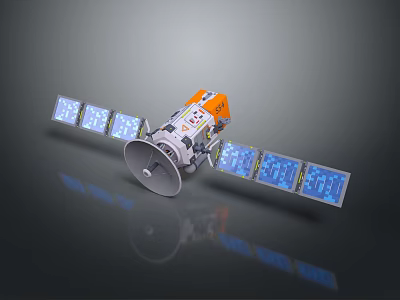 Cartoon Satellite Scene With Solar Panels Orange White Body And Antenna Design 3d model