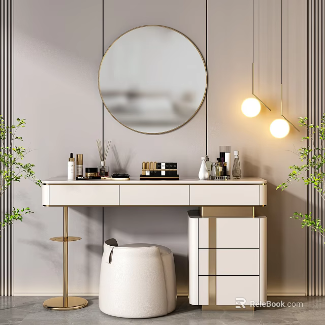 Modern White and Gold Dressing Table with Round Mirror Hanging Lights Cosmetics and Green Plants 3d model 