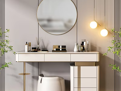 Modern White and Gold Dressing Table with Round Mirror Hanging Lights Cosmetics and Green Plants 3d model