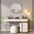 Modern White and Gold Dressing Table with Round Mirror Hanging Lights Cosmetics and Green Plants