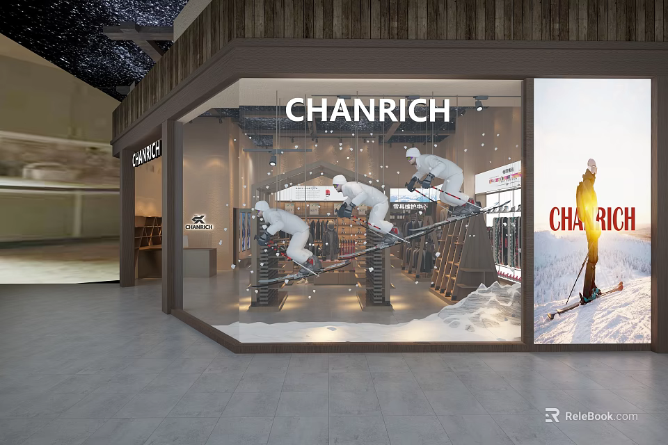 Supermarket Department Store CHANRICH Ski Equipment Window Display With Mannequins And Snow Scene Decoration 3d model 