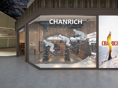 Supermarket Department Store CHANRICH Ski Equipment Window Display With Mannequins And Snow Scene Decoration 3d model