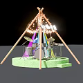 Conical Stage Setup With Musical Instruments Colorful Lights And Wooden Frame Green Platform
