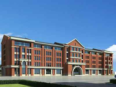 Red Brick School Building Featuring Arched Entrance Large Windows and Green Lawn Against Blue Sky 3d model