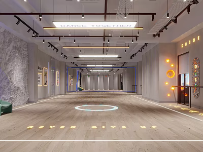 Spacious Fitness Studio With Wooden Floor Circular Light Area Hanging Lamps And Decorative Walls 3d model