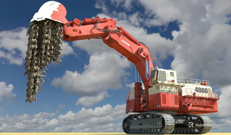 Red Construction Excavator Working With Dirt In Bucket Under Blue Sky Clouds 3d model 