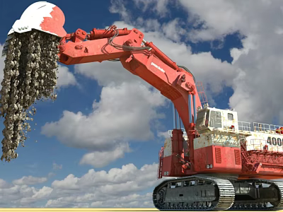 Red Construction Excavator Working With Dirt In Bucket Under Blue Sky Clouds 3d model