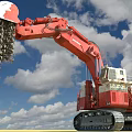 Red Construction Excavator Working With Dirt In Bucket Under Blue Sky Clouds 3d model