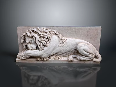 Stone Lion Sculpture Reclining With Curly Mane On Dark Background With Reflection 3d model