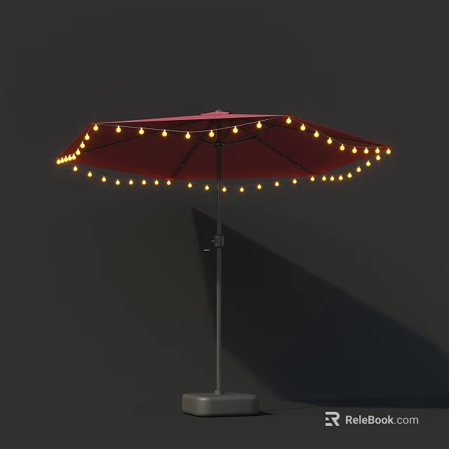 Stylish Red Chandelier Decorated With Yellow String Lights On Dark Background 3d model 
