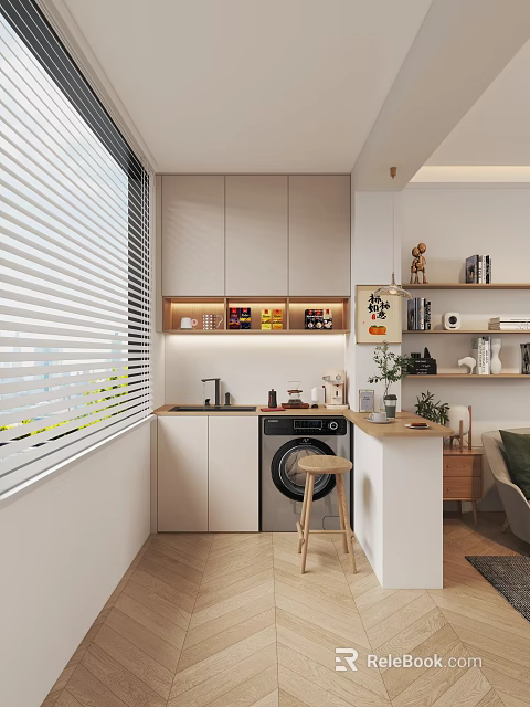 Modern Home Balcony Design With White Cabinets Washing Machine Sink Blinds And Green Plants 3d model 