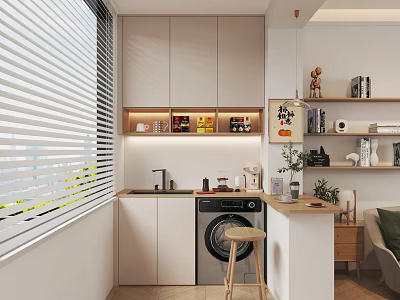 Modern Home Balcony Design With White Cabinets Washing Machine Sink Blinds And Green Plants 3d model