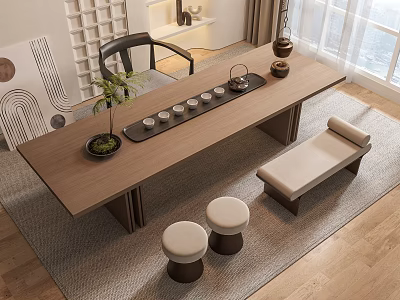 Modern Wooden Tea Table And Chairs With Tea Cups Potted Plant Bench And Natural Light 3d model