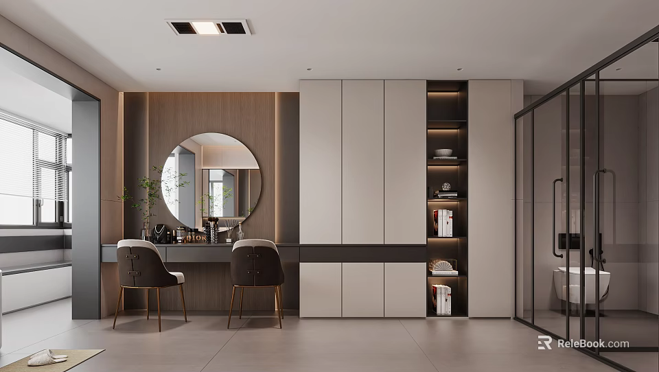 Modern Bathroom Interior With Round Mirror Double Vanity Chairs Storage Cabinets And Glass Shower 3d model 