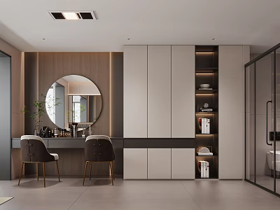 Modern Bathroom Interior With Round Mirror Double Vanity Chairs Storage Cabinets And Glass Shower 3d model