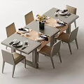 Modern Dining Table Set With Six Chairs Tableware And Flower Vase 3d model