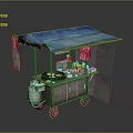 Mobile Food Cart with Blue Canopy Featuring Cooking Utensils Condiment Bottles Hanging Cloths and Wheels