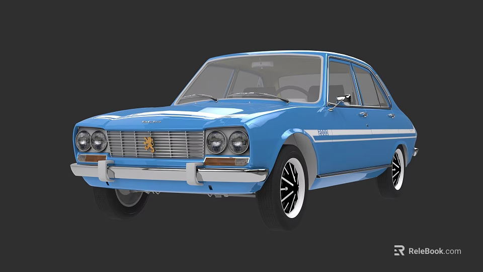 Classic Blue Vintage Sedan With White Stripes Round Headlights And Black Wheels 3d model 