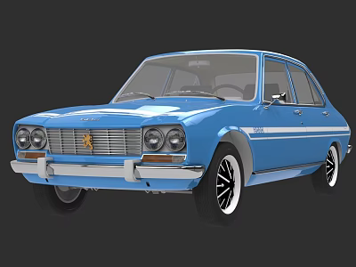 Classic Blue Vintage Sedan With White Stripes Round Headlights And Black Wheels 3d model