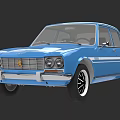 Classic Blue Vintage Sedan With White Stripes Round Headlights And Black Wheels