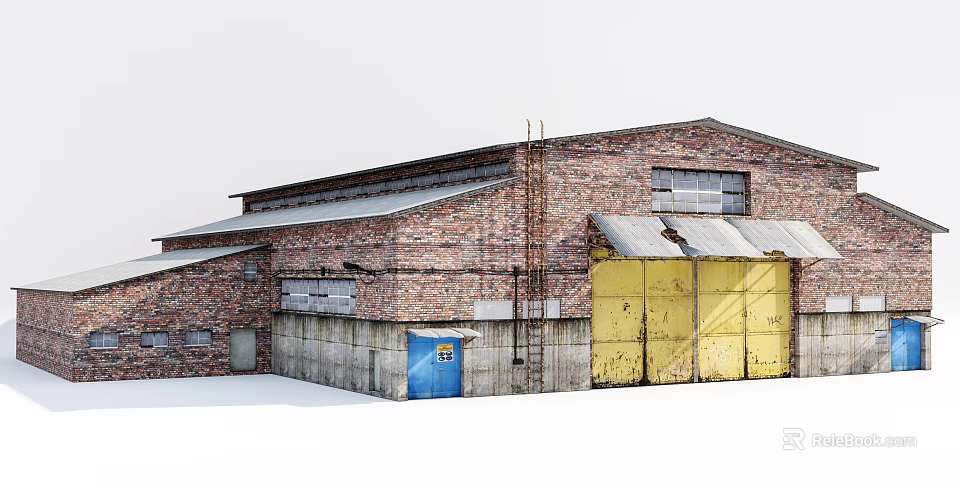 Industrial Factory Building With Red Brick Structure Yellow Doors Blue Entrance And Gray Metal Roof 3d model 