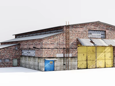 Industrial Factory Building With Red Brick Structure Yellow Doors Blue Entrance And Gray Metal Roof 3d model