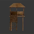 Traditional Bamboo Elevated Structure With Thatched Roof And Wooden Staircase